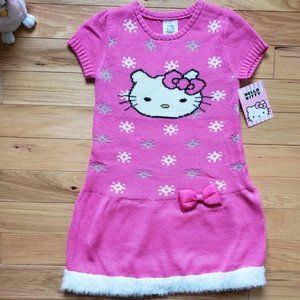 NWT Hello Kitty Girls Sweater Taffeta 3D Bow Dress Pink with Faux White Fur